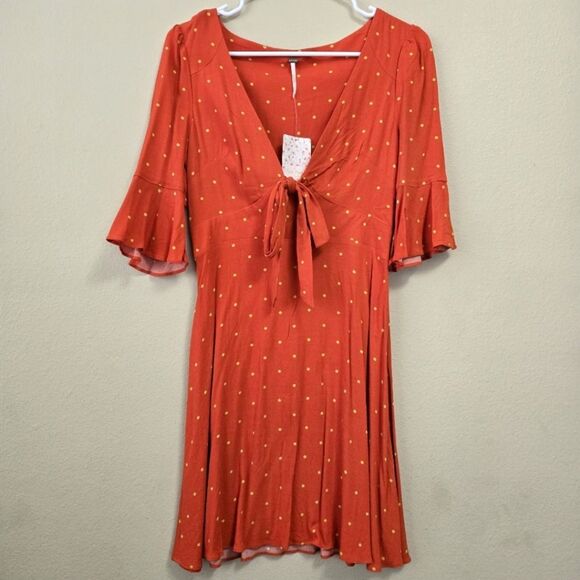 FREE PEOPLE Flame Combo Plunging V-Neck Polkadot A-Line Dress Boho 0 NWT - Picture 1 of 12